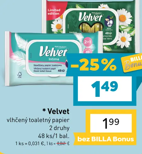 Velvet vlhčený toaletný papier