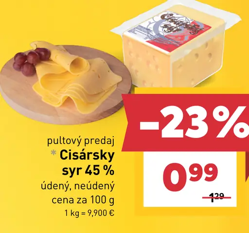 Cisársky syr 45 % údený, neúdený