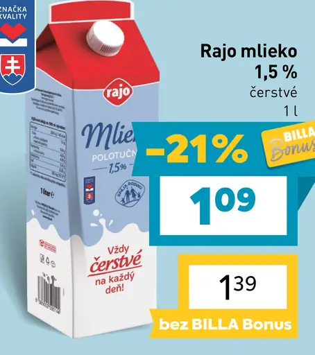 Rajo čerstvé mlieko 1,5 %
