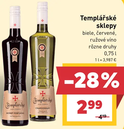 Templářské sklepy biele víno, červené víno a ružové víno