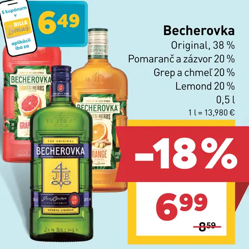 Becherovka Original, Pomaranč a zázvor, Grap a chmeľ, Lemon