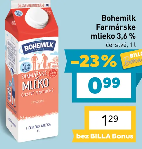 Bohemilk farmárske mlieko 3,6 % čerstvé
