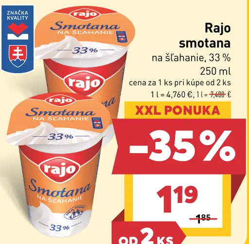 Rajo Smotana na šľahanie 33%