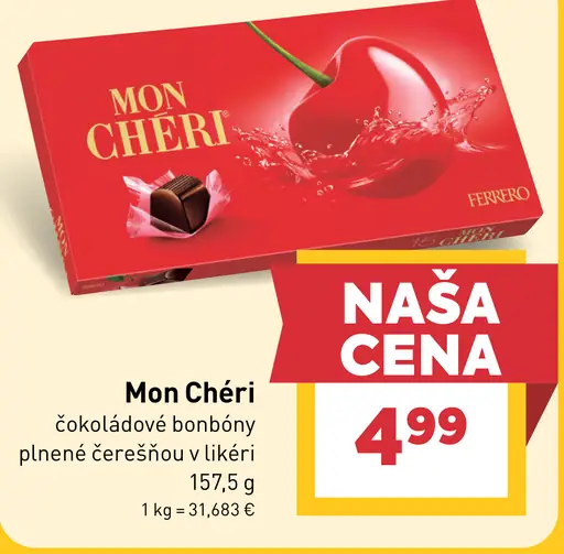 Mon Chéri čokoládové bonbóny plnené čerešňou v likéri