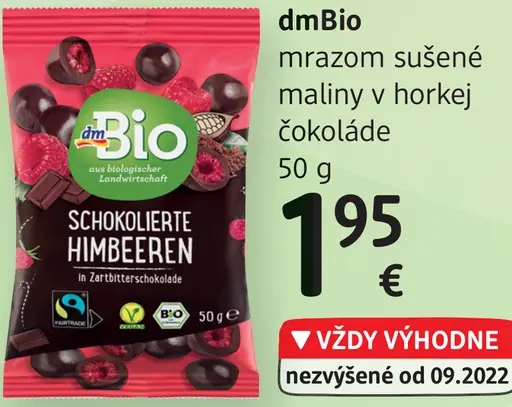 DmBio mrazom sušené maliny v horkej čokoláde