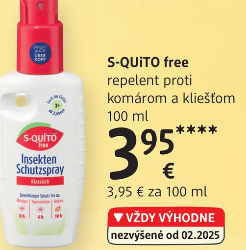 S-QUITO Free repelent proti komárom a kliešťom