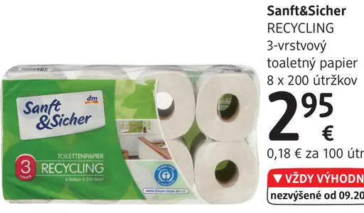 Sanft&Sicher RECYCLING 3-vrstvový toaletný papier