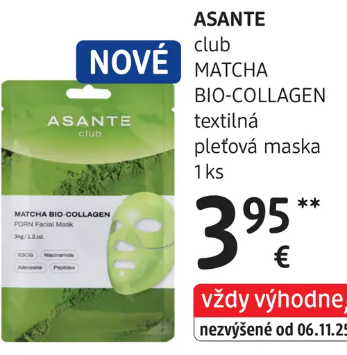 Asante Club Matcha Bio-Collagen textilná pleťová maska