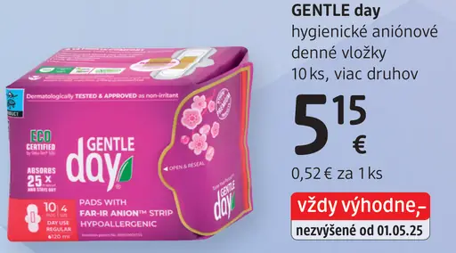 GENTLE day hygienické aniónové denné vložky, viac druhov