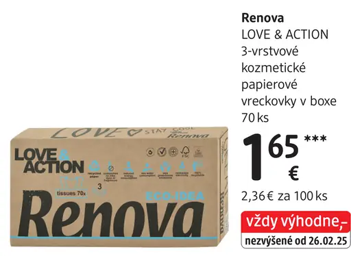 Renova Love & Action 3-vrstvové kozmetické papierové vreckovky