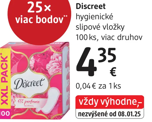 Discreet hygienické slipové vložky, rôzne druhy