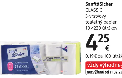 Sanft&Sicher CLASSIC 3-vrstvový toaletný papier