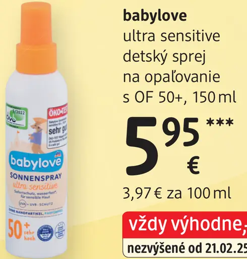 Babylove ultra sensitive detský sprej na opaľovanie OF 50+
