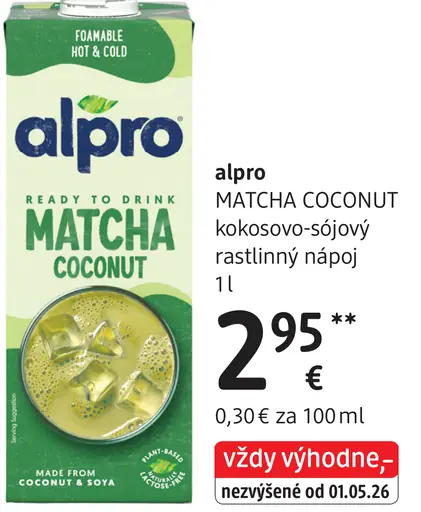 Alpro Matcha Coconut kokosovo‑sójový rastlinný nápoj