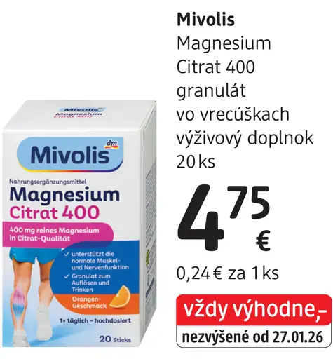 Mivolis Magnesium Citrat 400 granulát vo vrecúškach