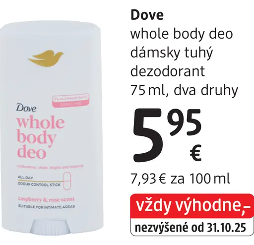 Dove Whole Body Deo dámsky tuhý dezodorant, dva druhy