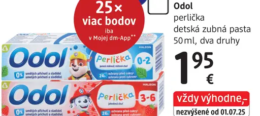 Odol Perlička detská zubná pasta, dve varianty: 0–2 roky a 3–6 rokov