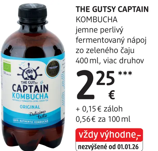 The Gutsy Captain kombucha, jemne perlivý fermentovaný nápoj zo zeleného čaju
