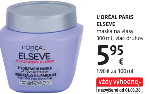 L’Oréal Paris Elseve Hyaluron Plump hydratačná maska na vlasy