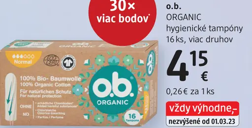 O.b. Organic hygienické tampóny, rôzne druhy