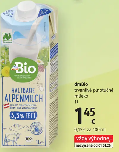 DmBio trvanlivé plnotučné alpské mlieko