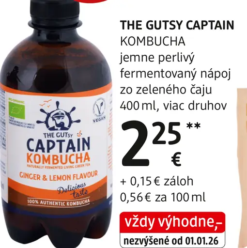 The Gutsy Captain kombucha, jemne perlivý fermentovaný nápoj zo zeleného čaju