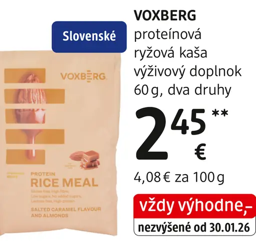 Voxberg proteínová ryžová kaša, príchute protein rice meal a salted caramel flavour