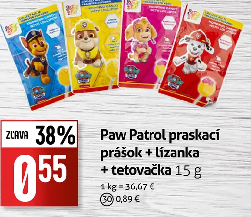 Paw Patrol praskací prášok + lízanka + tetovačka