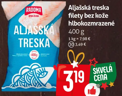 Radoma aljašská treska filety bez kože hlboko zmrazené