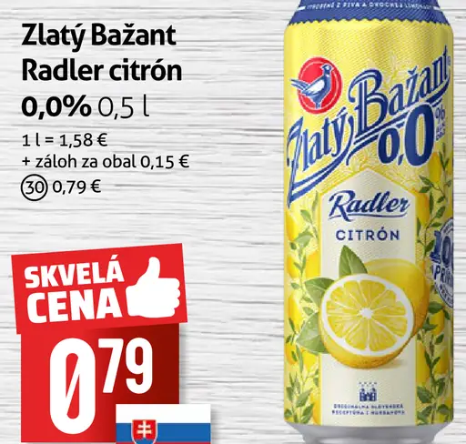 Zlatý Bažant Radler 0,0% citrón