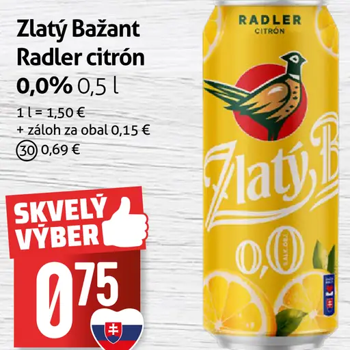 Zlatý Bažant Radler 0,0% citrón