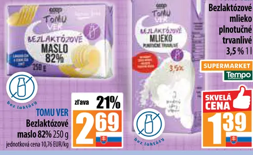 TOMU VER Bezlaktózové mlieko plnotučné trvanlivé 3,5%