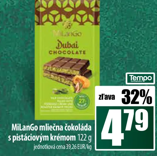 MiLanGo mliečna čokoláda s pistáciovým krémom