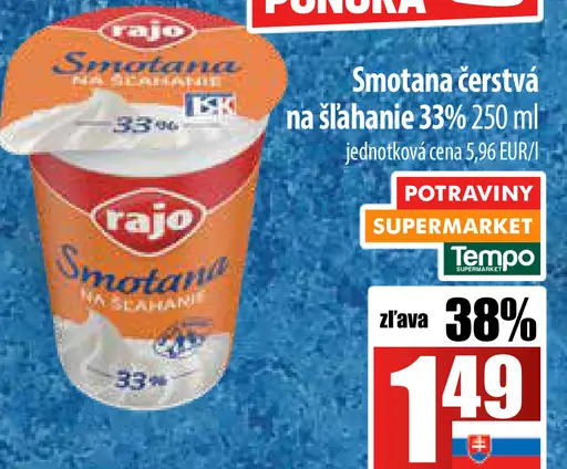 Rajo Smotana čerstvá na šľahanie 33%