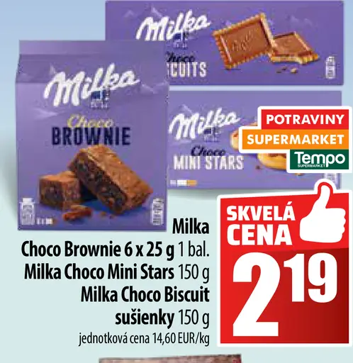 Choco Brownie 6 x 25 g, Milka Choco Mini Stars 50 g, Milka Choco Biscuit sušienky