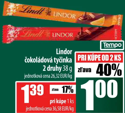 Lindor čokoládový tyčinka 2 druhy