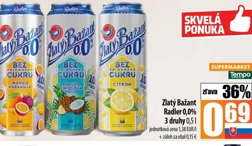 Zlatý Bažant radler 0,0 % plechovka