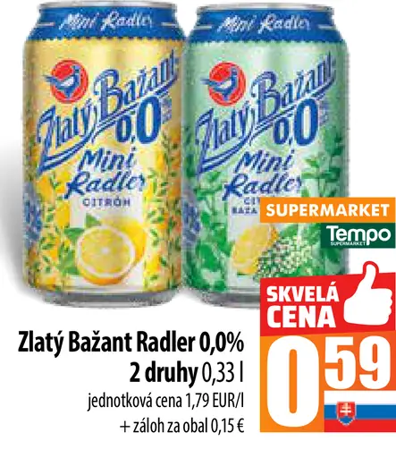 Zlatý Bažant radler 0,0 % plechovka