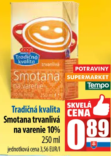 Tradičná kvalita Smotana trvanlivá na varenie 10%