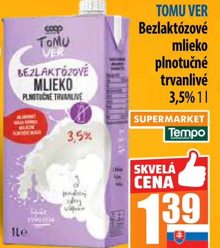 TOMU VER Bezlaktózové mlieko plnotučné trvanlivé 3,5%