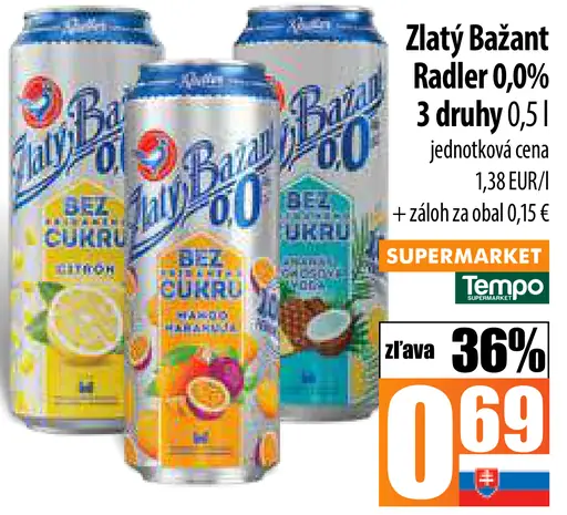 Zlatý Bažant radler 0,0 % plechovka