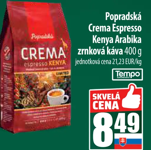 Popradská Crema Espresso Kenya Arabika zrnková káva