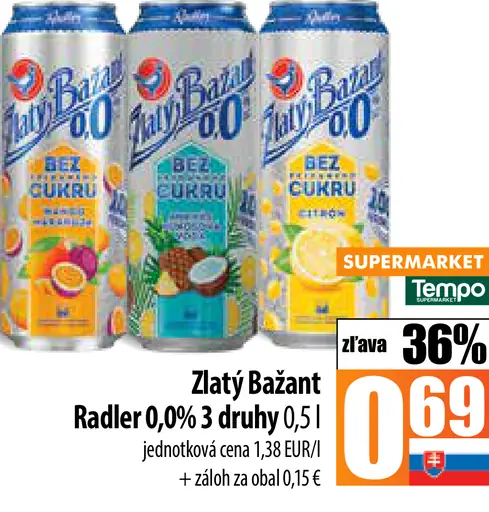 Zlatý Bažant Radler plechovka 0,0%