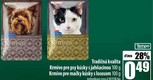 Tradičná kvalita Krmivo pre psy kúsky s jahňacinou Kruivo pre mačky kúsky s lososom