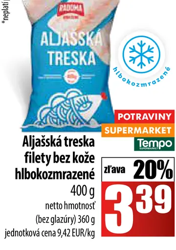 Aljašská treska filety bez kože