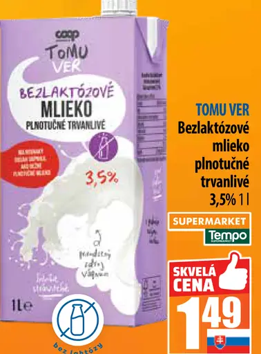 TOMU VER Bezlaktózové mlieko plnotučné trvanlivé 3,5%