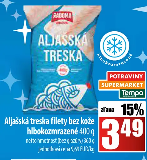 Radoma Aljašská treska filety bez kože hlbokozmrazené