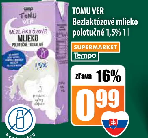 Tomu Ver Bezlaktózové mlieko polotučné 1,5 %