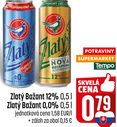 Zlatý Bažant 12% pivo svetlý ležiak plechovka