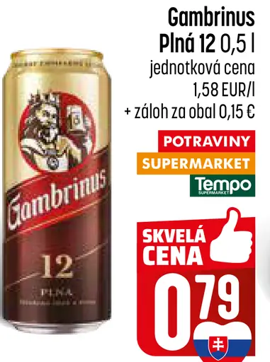 Gambrinus Plná 12 pivo ležiak svetlý plechovka
